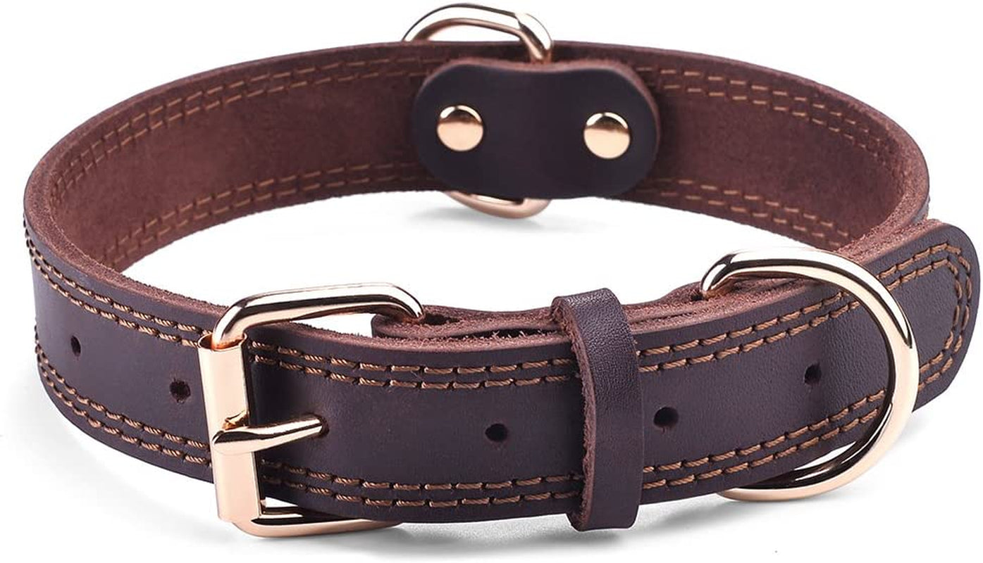 Leather Dog Collar Genuine Brown for Medium Dogs（M:1" Wide 15.2-19.2" Neck）