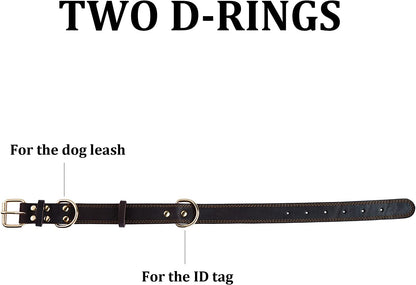 Leather Dog Collar Genuine Brown for Medium Dogs（M:1" Wide 15.2-19.2" Neck）