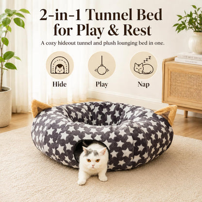 Large Cat Tunnel Bed under Christmas Tree with Fluffy Toy Balls, Small Cushion and Flexible Design- 10 Inch Diameter, 3 Ft Length- Great for Cats, and Small Dogs, Gray Star Pattern