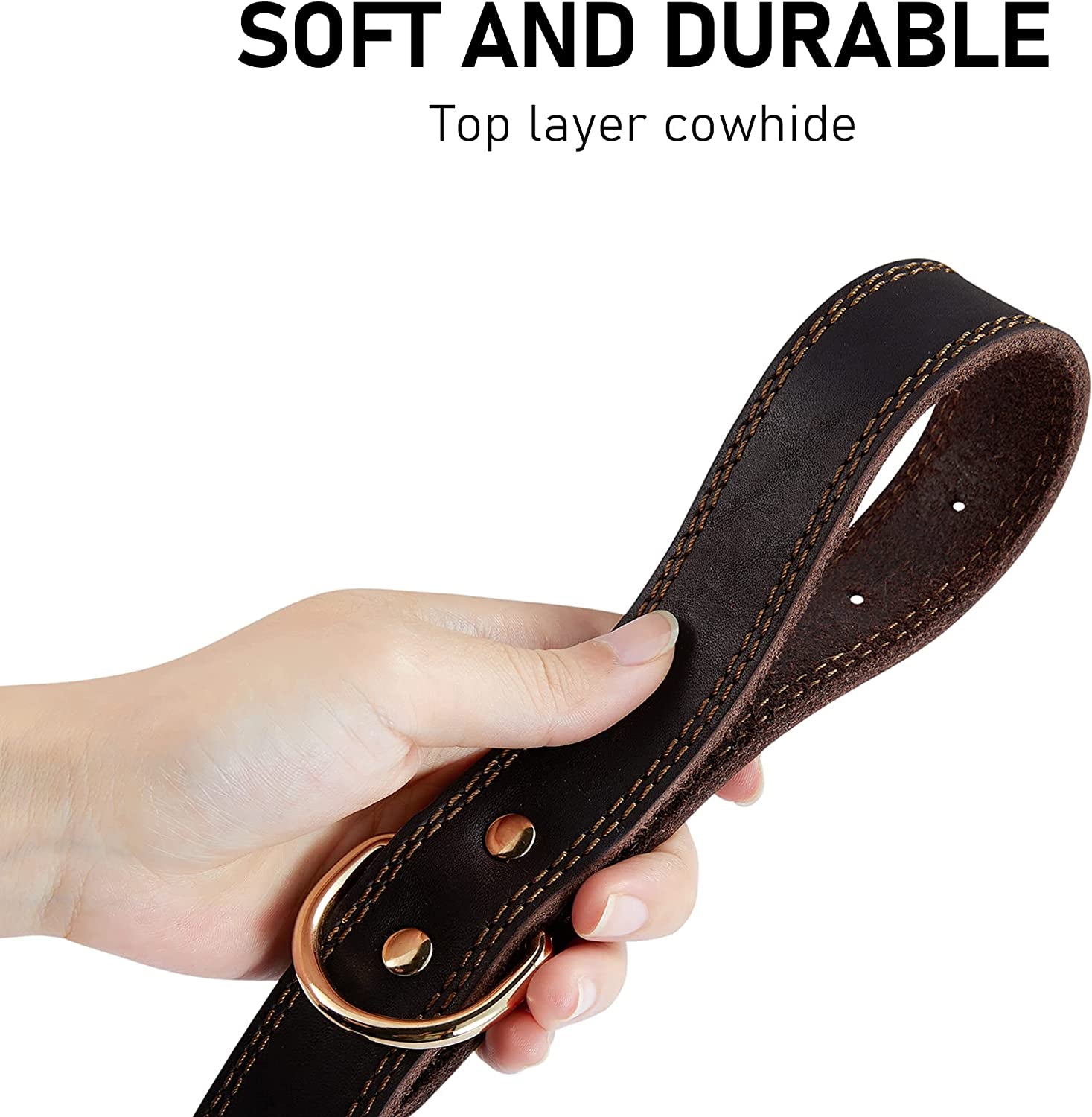 Leather Dog Collar Genuine Brown for Medium Dogs（M:1" Wide 15.2-19.2" Neck）